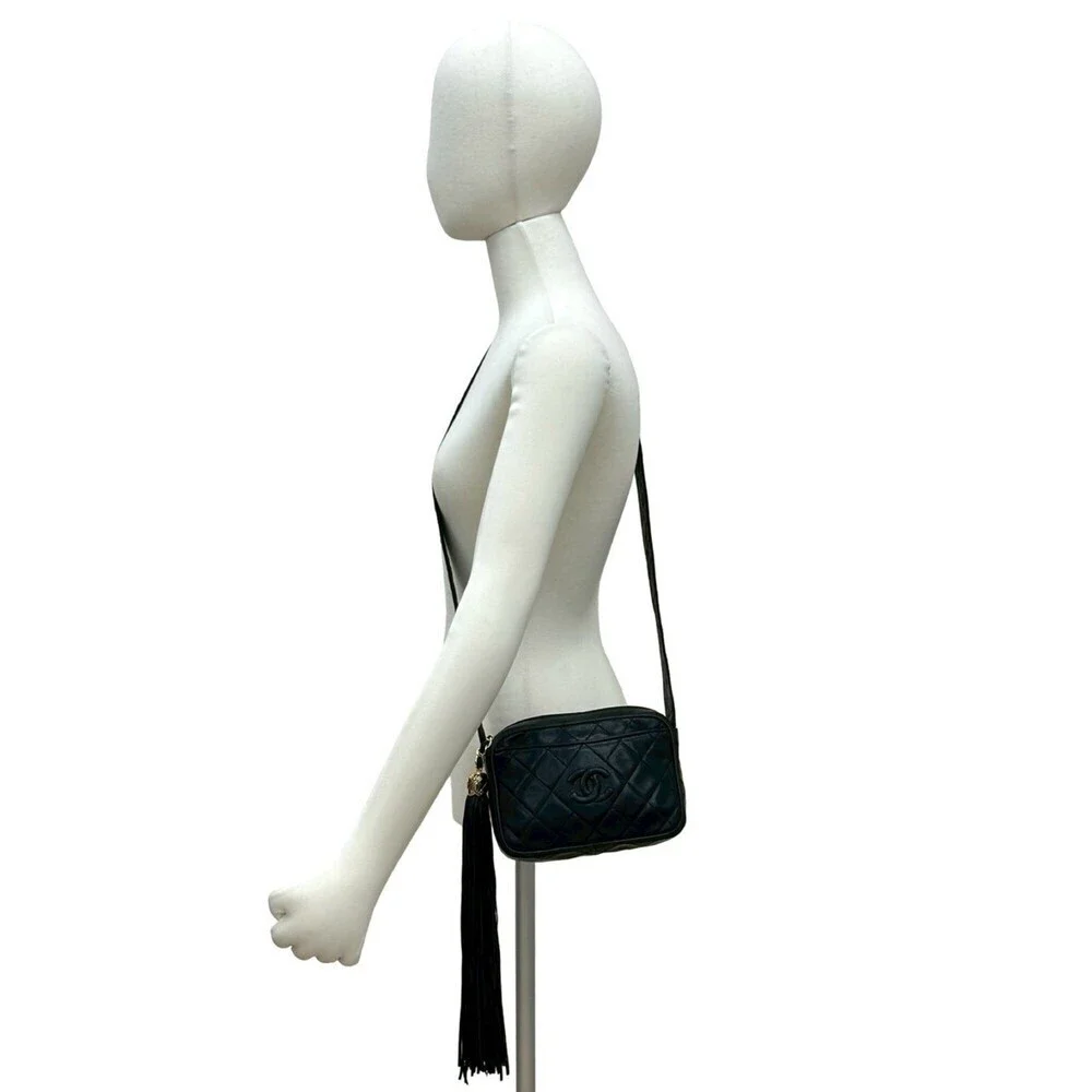CHANEL Black Lambskin Leather Logo Shoulder Bag